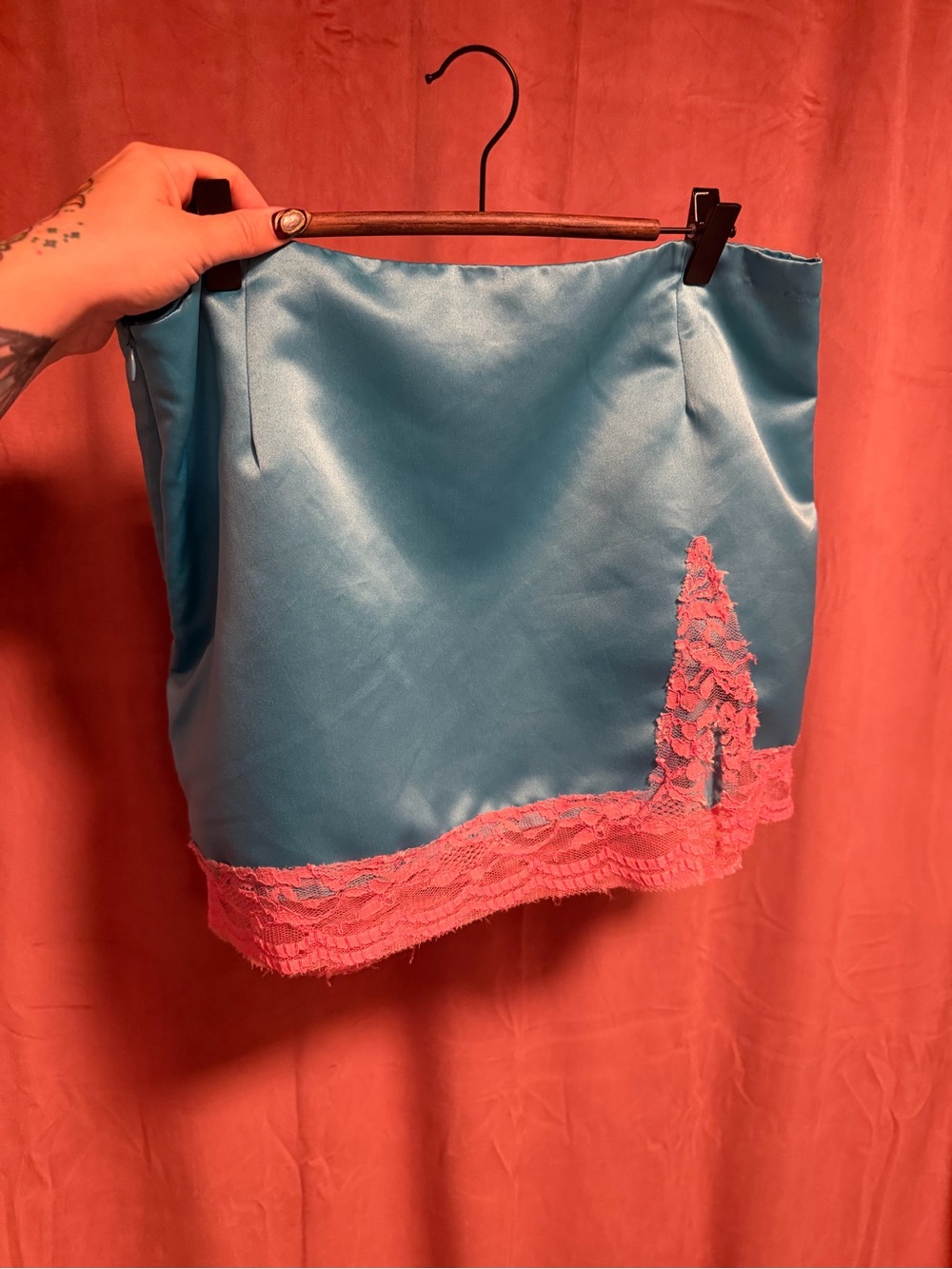 PrettyLittleThing Blue Satin Mini Skirt with Pink Lace Hem